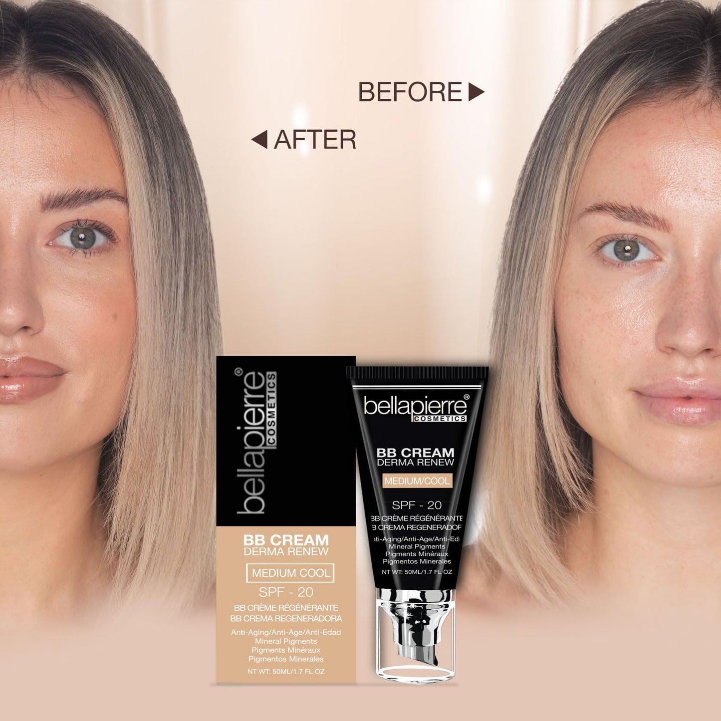 bellapierre BB Cream with SPF 20 - Tinted Sunscreen, Concealer, Foundation, & Moisturizing Face Cream | Lightweight Formula + Pump Top Applicator | Non-Toxic & Paraben Free | 1.7 Oz - Medium Cool