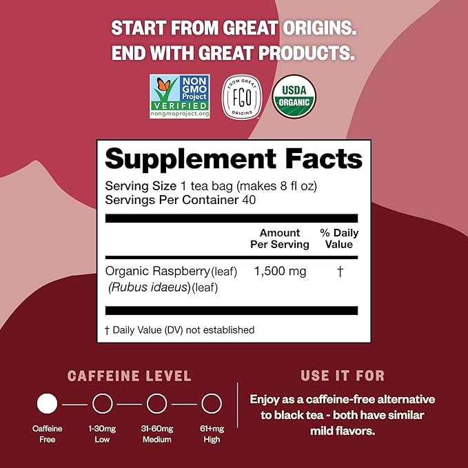 FGO Organic Red Raspberry Leaf Tea Bags, 100 Eco-Conscious Tea Bags, Caffeine Free, Imported from Germany, Reseable Bag, Packaging May Vary (Pack of 1)