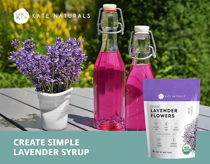 Kate Naturals Dried Lavender Flowers for Tea, Syrup, Lemonade, Soap Making. Edible Culinary Grade Buds (4oz, Organic, Food Grade)