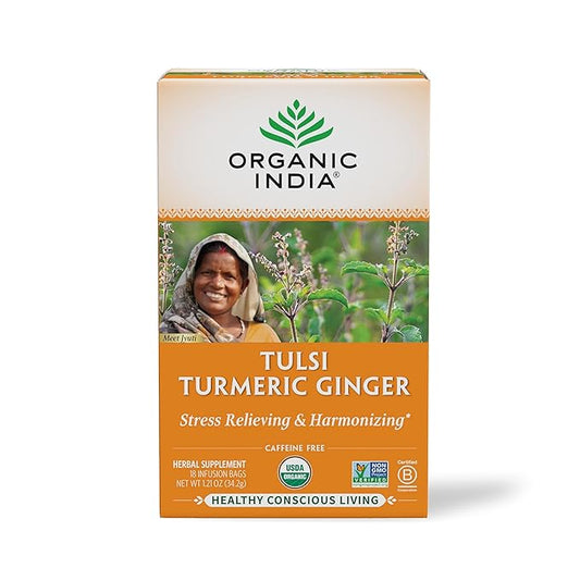 ORGANIC INDIA Tulsi Turmeric Ginger Tea Bags- Herbal Tea, Ginger Turmeric Tea, Immune Support, Aids Digestion, Caffeine-Free- 18 Infusion Bags, 1 Pack