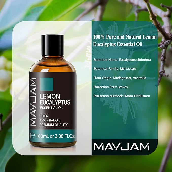 Lemon Eucalyptus Essential Oil, MAYJAM 3.38FL.OZ/100ML Large Volume Lemon Eucalyptus Oil with Premium Glass Dropper, Perfect for Soaps, Candles, Diffuser