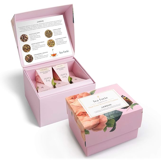 Tea Forte Jardin 3-Piece Mother's Day Tea Gift Set with Rose Pink Cafe Cup with Lid, Tea Tray and 10 Assorted 2 of Each Variety Organic Handcrafted Pyramid Infuser Tea Bags