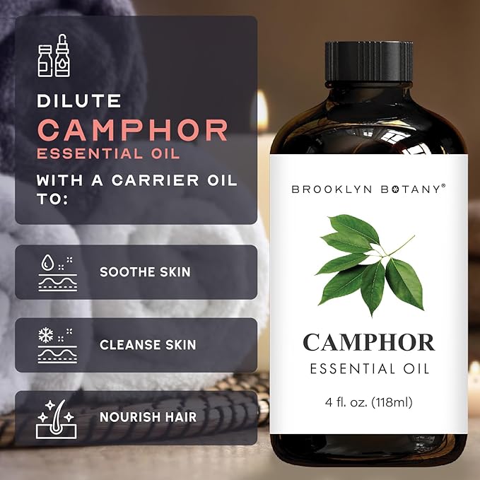 Brooklyn Botany Camphor Essential Oil - Huge 4 Fl Oz - 100% Pure and Natural - Premium Grade with Dropper - for Aromatherapy and Diffuser