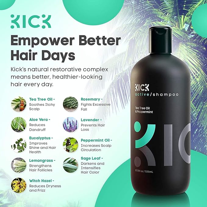 Kick Mens Shampoo - Peppermint & Tea Tree for Oil Control - Sulfate-Free, Refreshing Formula - Anti-Dandruff and Scalp Soothing - Shampoo for Oily Hair - Cruelty-Free - 17oz