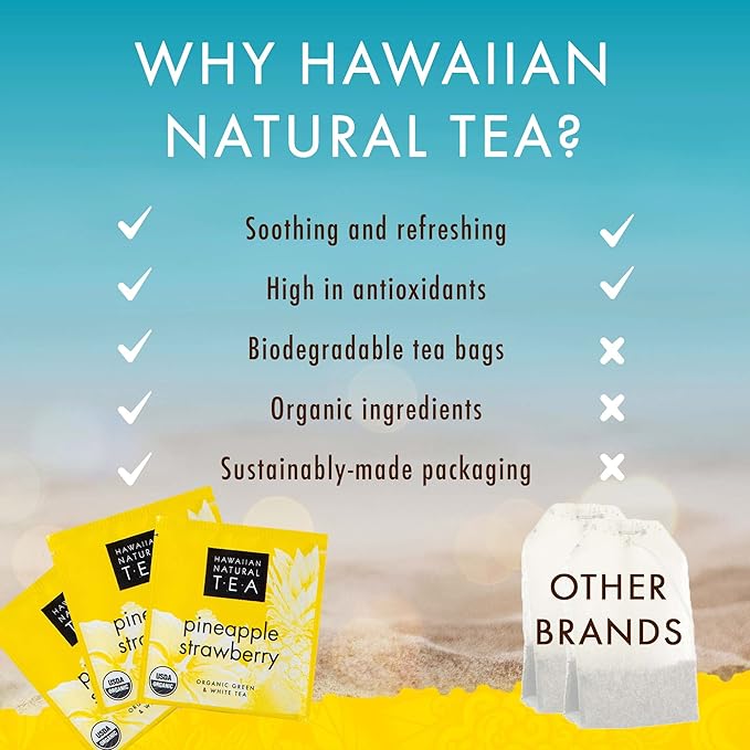 Hawaiian Natural Pineapple Strawberry Flavored Organic Tea - Tropical Fruit Green And White Tea, Perfect Daily Cup & Gift - 20 Bags