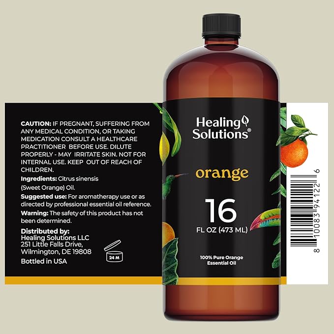 Healing Solutions Orange Essential Oil Bulk, 16oz - 100% Pure Large Bottle of Sweet Orange Essential Oil for Cleaning & More - Orange Essential Oil for Skin - Citrus Essential Oil Bulk