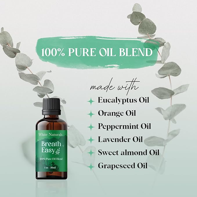 White Naturals Breathe Easy Essential Oil Blend – Refreshing Aromatherapy Oil for Clear Breathing & Comfort, 100% Pure & Natural Essential Oils for Freshness, 1oz