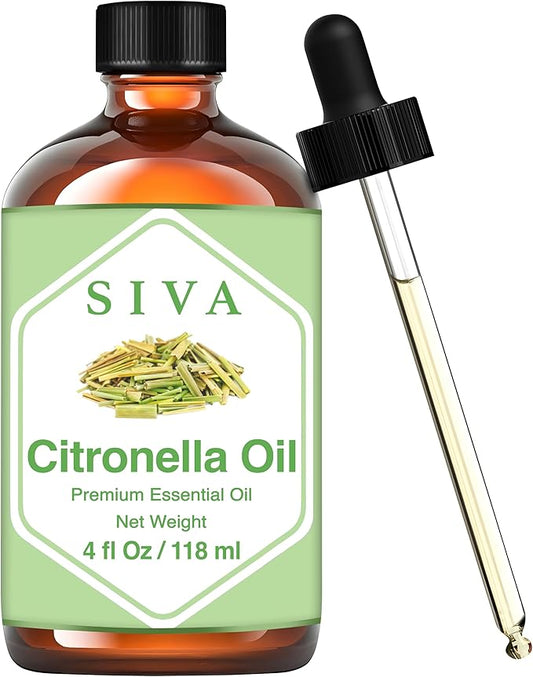 Siva Citronella Essential Oil - 4 Fl Oz – Natural Citronella Oil - for Diffuser, Face, Skin Care, Aromatherapy, Hair Care, Scalp and Body Massage - with Dropper
