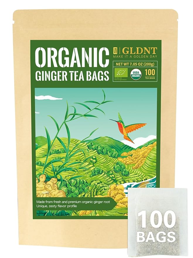 GLDNT Organic Ginger Tea Bags, Natural Organic Ginger Root Tea, Spicy & Zesty Flavor, Caffeine Free, 100 Count
