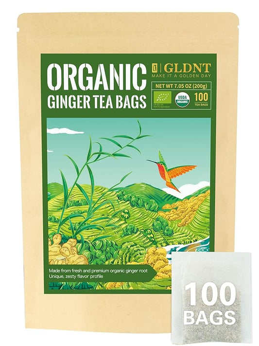 GLDNT Organic Ginger Tea Bags, Natural Organic Ginger Root Tea, Spicy & Zesty Flavor, Caffeine Free, 100 Count