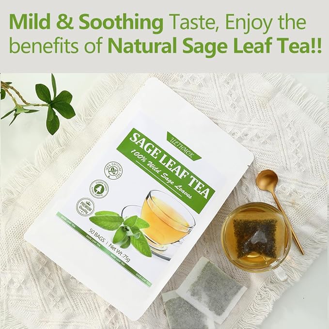 Premium 50 Sage Tea Bags, Made with 100% Natural Sage Leaves, No Additives & Caffeine Free.