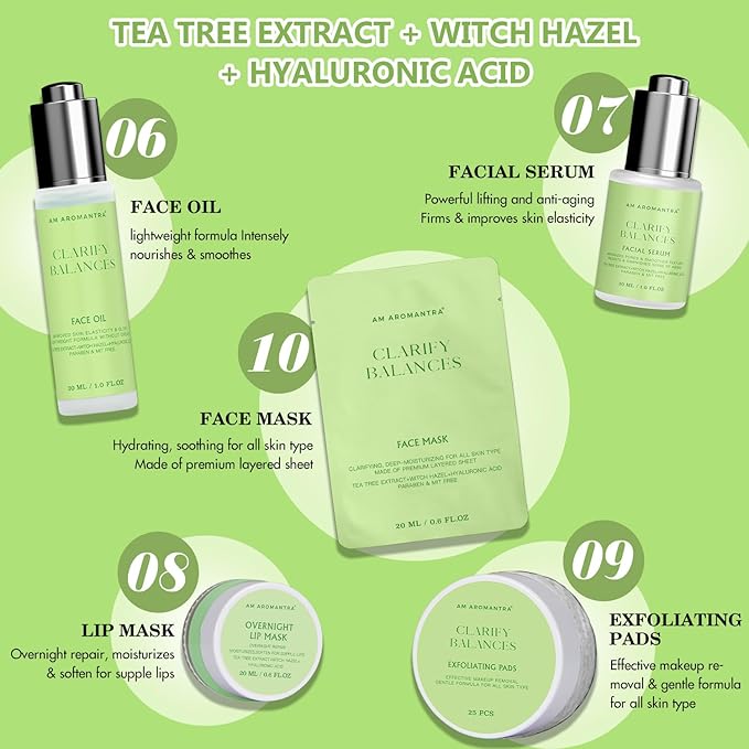 Tea Tree & Witch Hazel Extracts Skin Care Set with Hyaluronic Acid - Deep Cleanse, Balance Oils, Hydrating & Soothing Face Serum, Toner & Moisturizer - 10-Piece Kit Suitable for All Skin Types