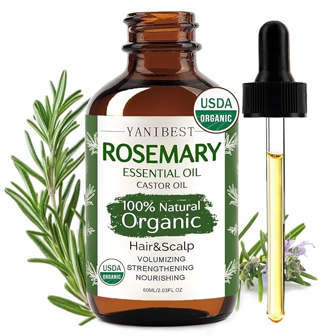 YANIBEST Organic Rosemary Essential Oil, Castor Oil, 100% Pure Natural Hair Oil for Strengthening Hair, Nourish and Repair Damaged Hair, Improve Scalp Health
