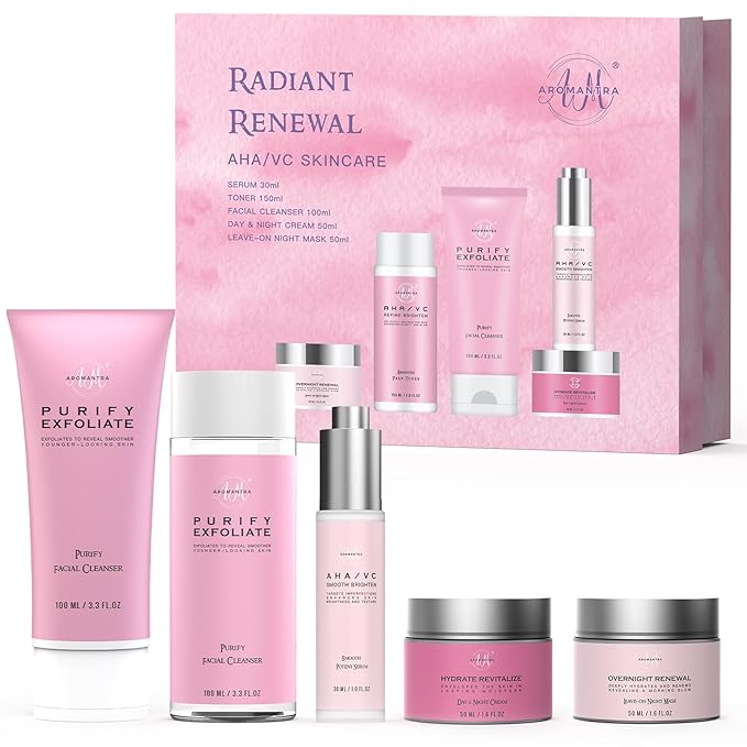 Skin Care Set, AHA+Vitamin C Skincare Routine Kit, 5 in 1 Facial Skin Care Essential for Daily Hydrating w/Cleanser, Toner, Serum, Moisturizer, and Mask, Gifts For Women and Teenage Girls