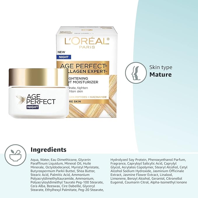 L'Oreal Paris Skin Care Age Perfect Night Cream, Anti-Aging Face Moisturizer With Soy Seed Proteins, 2.5 Oz