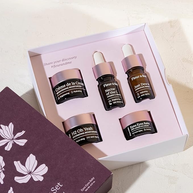 Fleur & Bee Skincare Set, Discovery Set, 5 Deluxe Minis Moisturizers, Serums, Eye Cream | Skin Care Gift Set Vegan & Cruelty-Free | Travel Friendly