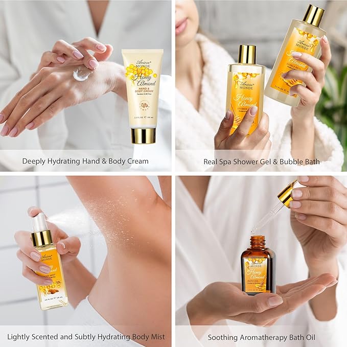 Bath & Body Gift Set, Luxury Home Spa Bath Gift Basket, Honey Almond Scented Bath Set, Pamper Gifts for Women & Teens, 15 Pcs Relaxing Home Spa Kit with Bubble Bath, Bath Salts, Body Lotion