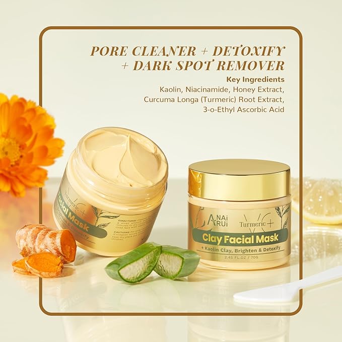 ANAI RUI Turmeric Facial Skincare Set, Mother's Day Gift for Women, Turmeric & Vitamin C Clay Mask for Dark Spot, Moisturizing Facial Oil, Turmeric Face Cleanser, Skincare Gift Set for Women
