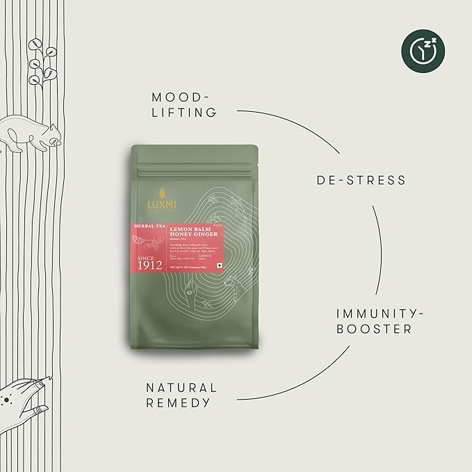 Luxmi Estates - Lemon Balm Honey Ginger - 50 Tea Bags | Organic Lemon Balm Tea with Honey and Ginger Root | Great for Soar Throat, Immunity and Stress Relief