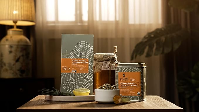 Luxmi Estates - Astounding Ashwagandha - Organic Ashwagandha Tea - 25 Tea Bags | With Ashwagandha, Turmeric, Ginger, Lemongrass & More | Perfect Stress Relief Tea