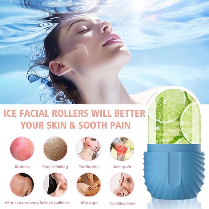 Ice Face Roller, Silicone Facial Ice Roller, Reusable Skin Care Massager Tools for Relieve Puffiness, Tighten Skin, Shrink Pores Shell Blue