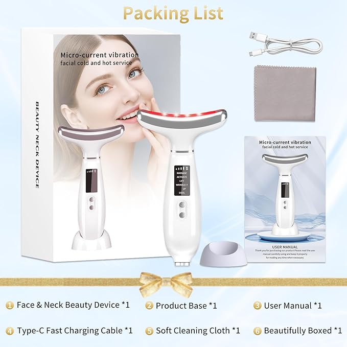 Red Light Therapy for Face and Neck, 4 Color LED Facial Light Therapy Device for Skin Care at Home, Micro-Current Vibration Facial Cold and Hot Service, Multifunctional Facial Skin Care Tools