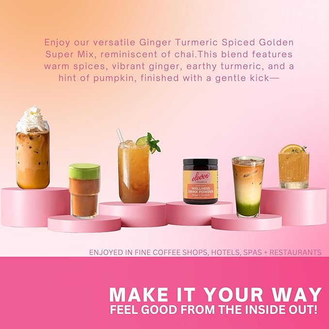 Eleven TLC, Organic Ginger Turmeric Spiced Golden Superfood Instant Latte & Drink Mix, Herbal Ginger Tea, Golden Milk Powder, Moon Cycle Non-Reactive Glass Jar, MD Formulated, 21 Servings