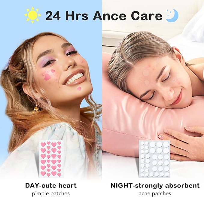 Pimple Patches for Face: 6 Sizes Day and Night Acne Patches Heart Zit Patches - Cute Spot Stickers with Tea Tree & Centella Oil, Strong Adhesion Zit Covers (196 Count)