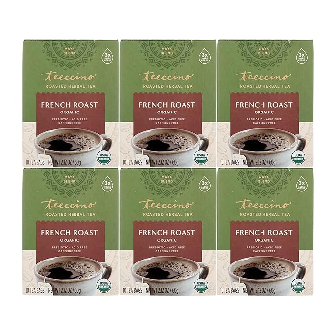 Teeccino French Roast Herbal Tea - Rich & Roasted Herbal Tea That’s Caffeine Free & Prebiotic for Natural Energy, Coffee Alternative, 10 Tea Bags (Pack of 6)