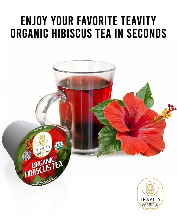 Organic Hibiscus Sabdariffa Tea Organic Naturally Decaf Tea Pods for Keurig by Teavity (12 Tea Pods)
