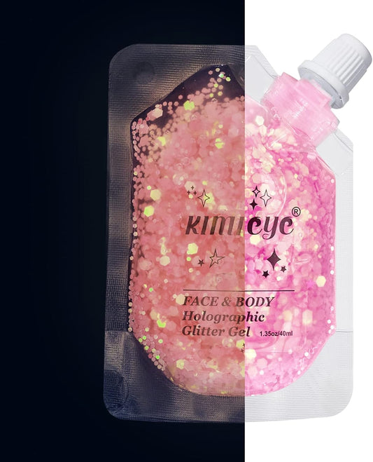 Holographic Face Glitter Gel Body Shimmer Makeup for for Hair, Face, Clavicle, Arm, Nail, Eyeshadow, Long Lasting Waterproof Mermaid Sequins Party Glitter for Rave Festival, 1.35oz (Luminous Pink)