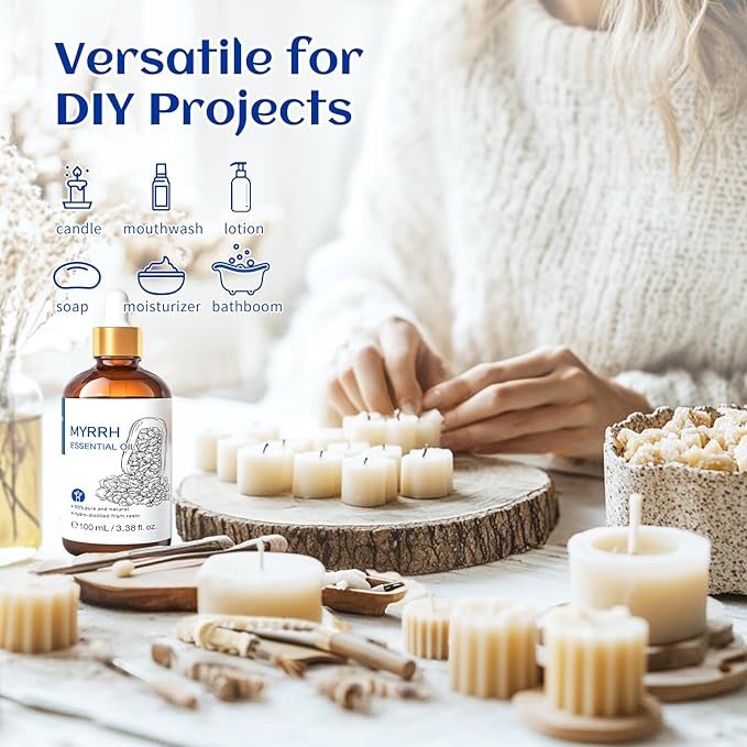 HIQILI Myrrh Essential Oil for Skin, Face, Diffuser, Add to Perfume, Toothpastes, Candle, Soap - 3.38 Fl Oz