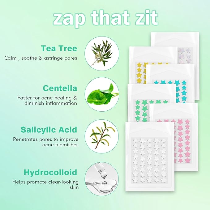Pimple Patches For Face 240 Counts Hydrocolloid Acne Patches Colorful Zit Patches Acne Dots Blemish Patches with Salicylic Acid Tea Tree Oil Calendula Oil 3 Sizes Acne Patches Star Pimple Patches