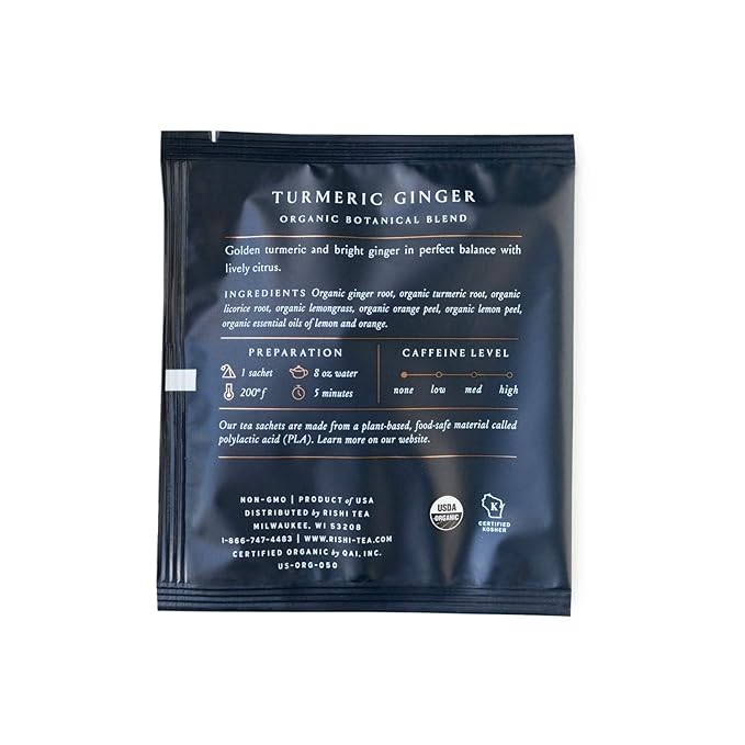 Rishi Tea Turmeric Ginger Herbal Tea - Organic Sachet Bags, Caffeine Free Ayurvedic Digestive Blend with Spicy Ginger & Citrus - 50 Count