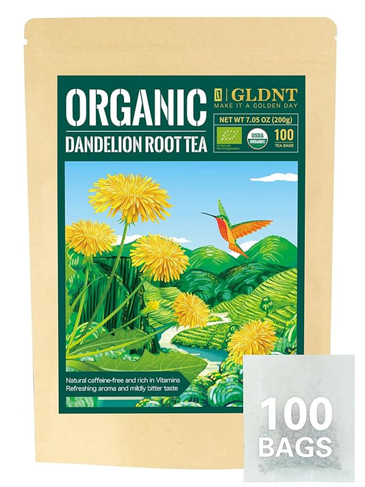 GLDNT Organic Dandelion Root Tea Bags, Premium Organic Raw Dandelion Root Tea, Smooth Taste, Caffeine Free, 100 Count