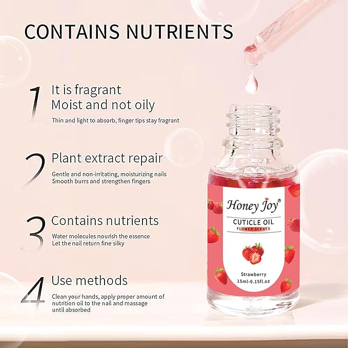 Honey Joy Cuticle Oil for Nails – Nail Oil Cuticle for Nail Care, Cutical Oil for Growth and Strength, Cuticle Oil for Nails, 0.5 fl. oz (Strawberry)