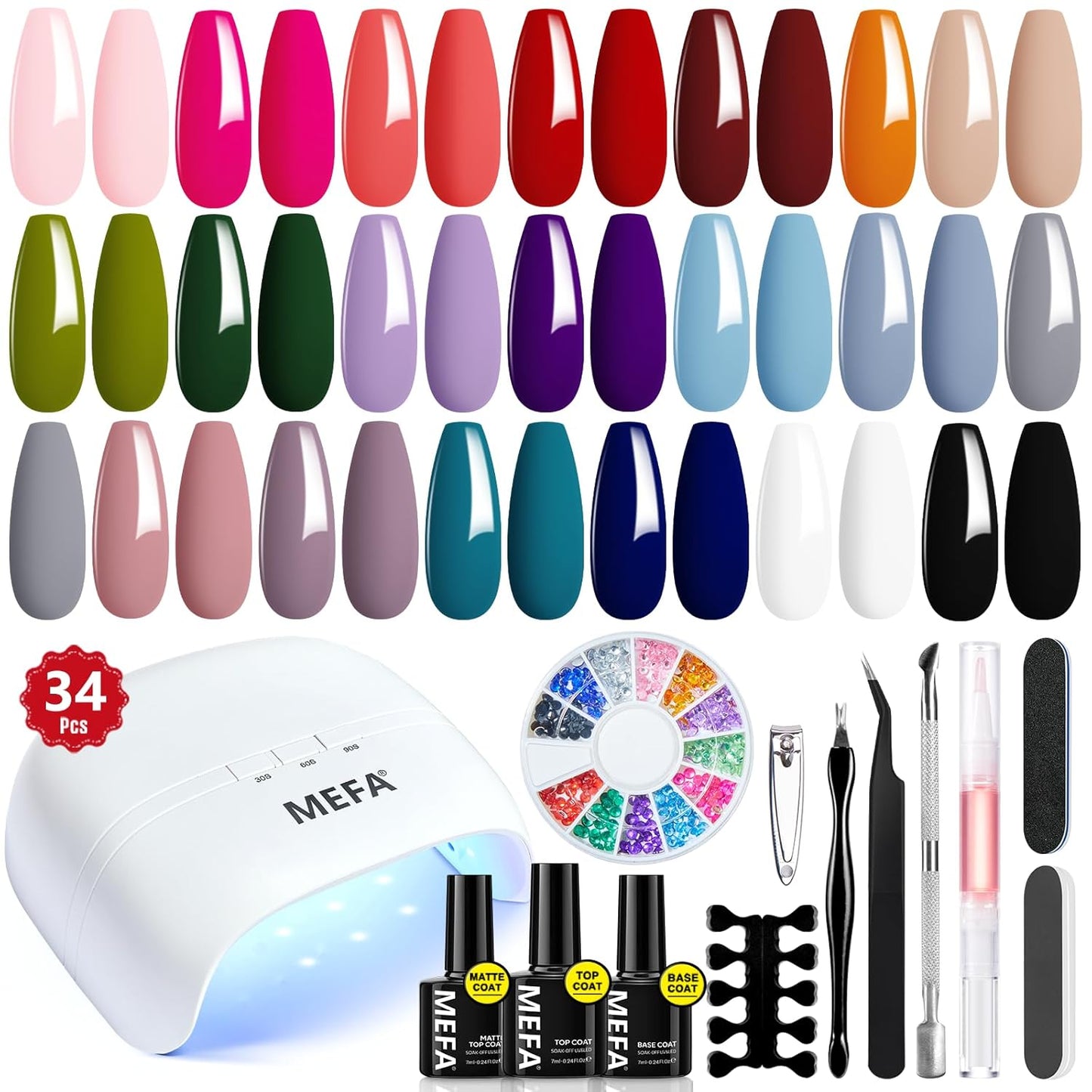 MEFA 34 Pcs Gel Nail Polish Kit with U V Light, 20 Colors All Seasons Soak Off Gel Polish Nail Set with Matte Base Top Coat Essential Manicure Tools Nails Art DIY Salon Home for Girl Woman