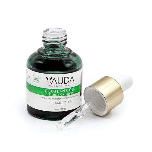 VAUDA 100% Squalane Oil for Face with Vitamin C and Rose Oil – 30 ML Anti-Aging and Hydrating Face Oils for Women, Brightens Skin & Reduces Dark Spots – Plant-Based Natural Squalane Moisturizer Oil