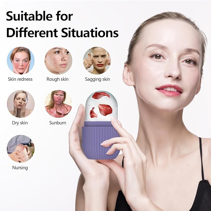 Ice Roller for Face and Eye, Silicone Ice Facial Roller Ice Holder, Face Ice Mold Skin Care, Face Icers Reusable Ice Cube Roller for Shrink Pores Anti Wrinkle Reduce Puffiness, Purple