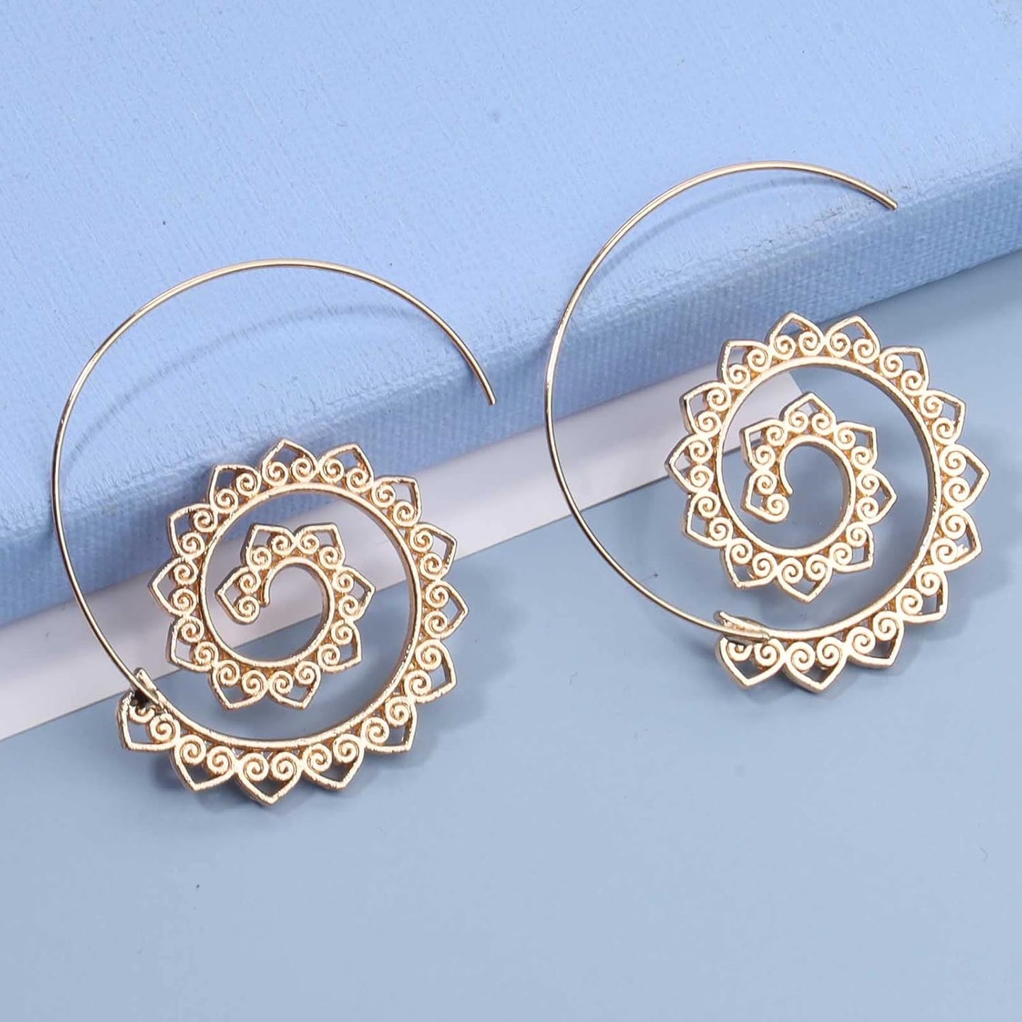 Bohemia Mandala Spiral Earrings Gold Vortex Gear Earrings Exaggerated Hoop Earrings Large Circular Swirl Earrings Indian Tribal Earrings Jewelry for Women and Girls