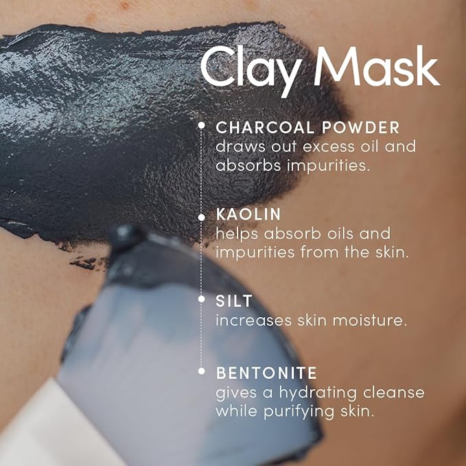 Clay Mask - Purifying and Hydrating Charcoal Powder Face Mask - All Skin Types, Vegan, Cruelty Free, Fragrance Free, 1.69 FL OZ