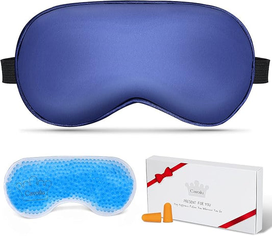 Cooling Sleep Mask w/Gel Eye Mask, Silk Eye Mask for Sleeping, Heated Eye Masks, Blindfold Eye Cover Sleeping Mask for Home Office Travel, Gifts for Men Women, Stocking Stuffers (Blue)