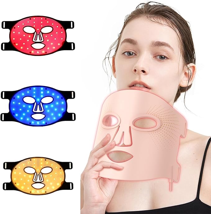 LED Face Mask 3 Colors Light Therapy Facial Photon Beauty Device Skin Care at Home for Facial Rejuvenation, Wrinkles Reduction, Anti-Aging (Pink)