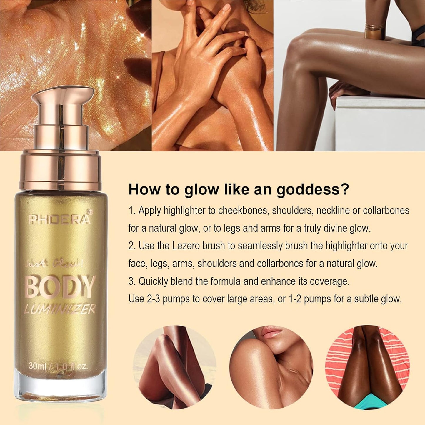 Body Shimmer Oil, Waterproof Long Lasting Moisturizing Bronze Body Luminizer Glow For Face & Body, Liquid Illuminator Body Highlighter 1oz/Jars, Makeup Brush Include (Metallic Gold #02)