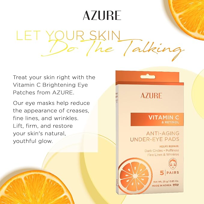 Azure Cosmetics Vitamin C Under Eye Pads - Anti Aging, Lifting & Moisturizing Eye Mask Patches - Reduces Fine Lines, Wrinkles, Dark Circles & Puffiness - Skin Care Made in Korea - 5 Pairs