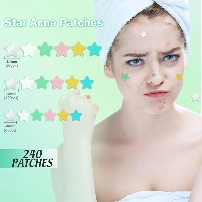 Pimple Patches For Face 240 Counts Hydrocolloid Acne Patches Colorful Zit Patches Acne Dots Blemish Patches with Salicylic Acid Tea Tree Oil Calendula Oil 3 Sizes Acne Patches Star Pimple Patches