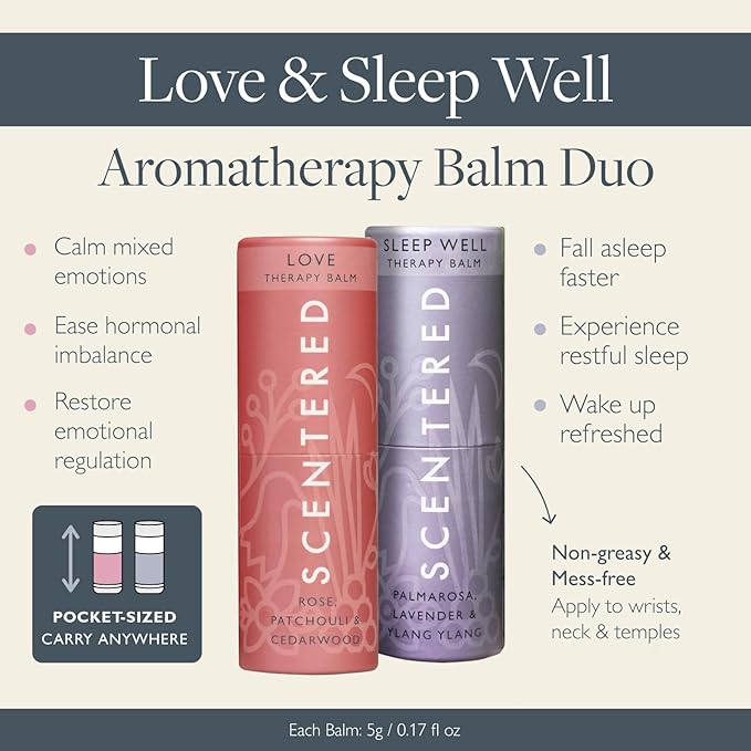 Scentered Aromatherapy Balm Stick Duo for Sleep & Emotional Balance - Roll On Essential Oil Blends of Rose, Lavender, Ylang Ylang - Aromatherapy Gifts for Women - Sleep Well & Love
