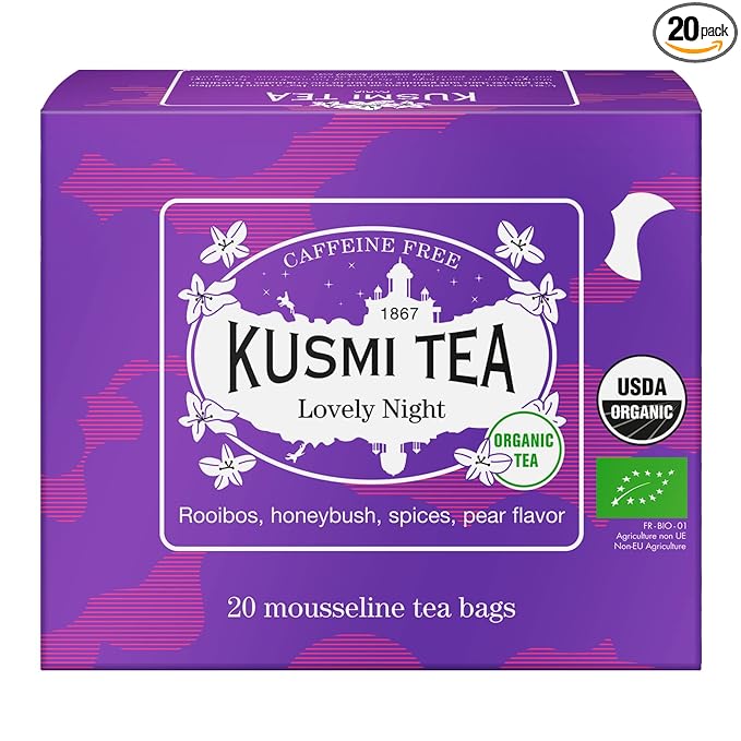 Kusmi Tea Lovely Night - 20 Muslin Tea Bags - Organic Nighttime Tea Blend of Rooibos, Honeybush, Pear, Licorice & Linden - Caffeine Free - Enjoy Hot or Iced