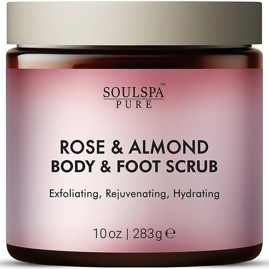 Rose & Almond Body & Foot Scrub - Rejuvenating & Hydrating Exfoliating Body Scrub for Luxurious Skin Care, 10 oz