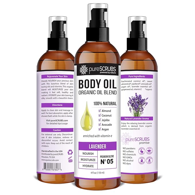 pureSCRUBS Ultra Moisturizing Lavender Body Oil Spray for Dry Skin, Massage, Cuticles & More, Organic Blend of Jojoba, Argan, Coconut, Sweet Almond & Avocado Oils Enriched with Vitamin E, Lg 4oz